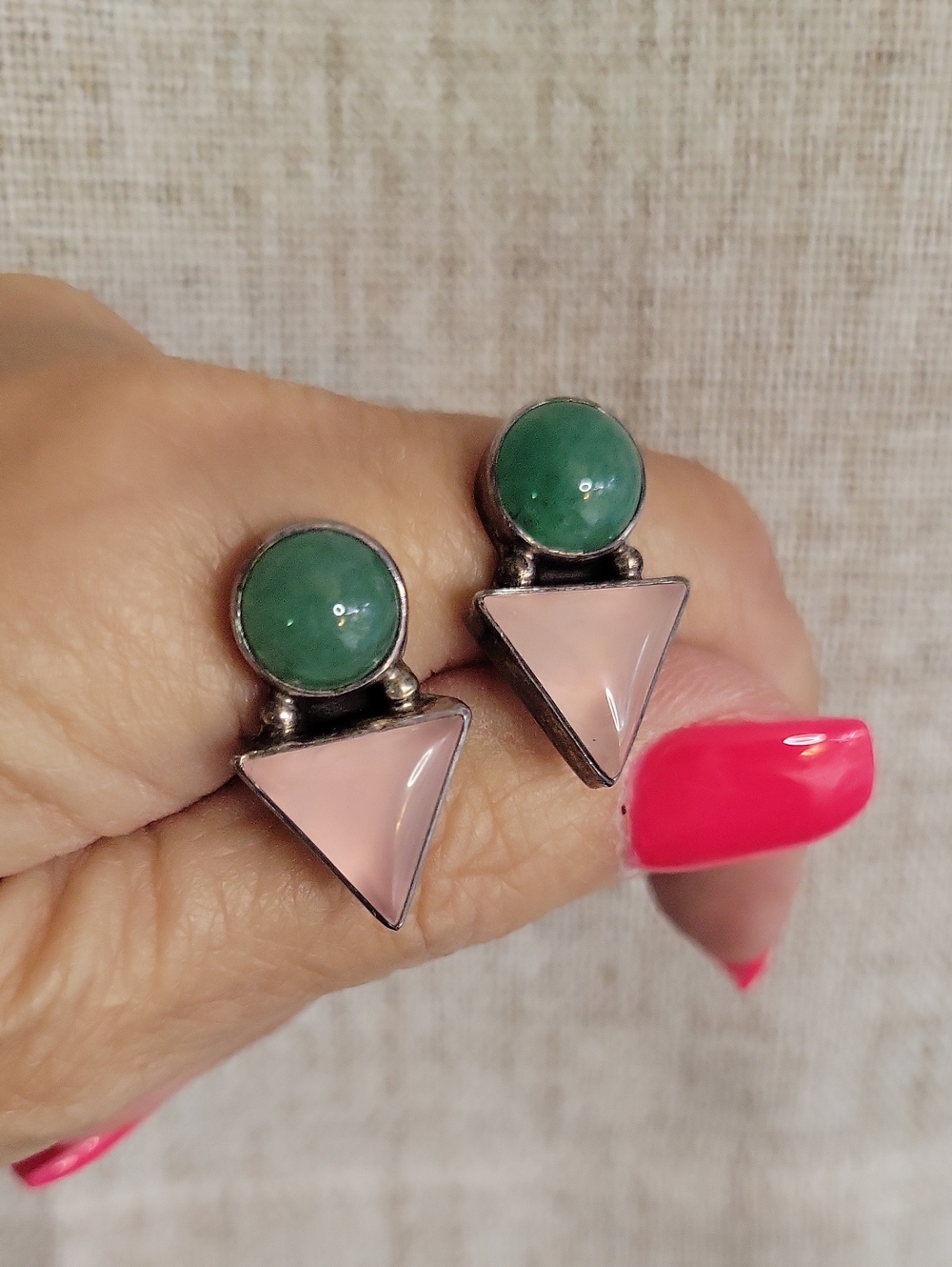 VTG Carol Felley 1998 Sterling Silver Aventurine Rose Quartz Geometric Earrings